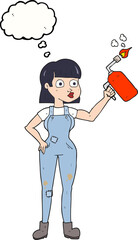 thought bubble cartoon woman in dungarees