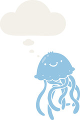 cartoon happy jellyfish and thought bubble in retro style