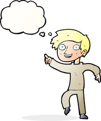 cartoon happy boy pointing with thought bubble
