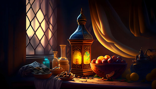 Eid Mubarak Lantern Lamp, dates, fruits Bokeh Landscape Background
