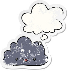 cartoon tiny happy cloud and thought bubble as a distressed worn sticker