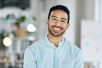 Happy, smile and portrait of man in office for startup, confident and positive. Happiness, corporate and pride with face of male employee standing in agency for management, expert and director - obrazy, fototapety, plakaty