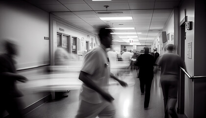 Blured motion in ER of hospital, doctors and nurce in hallway, ai generated