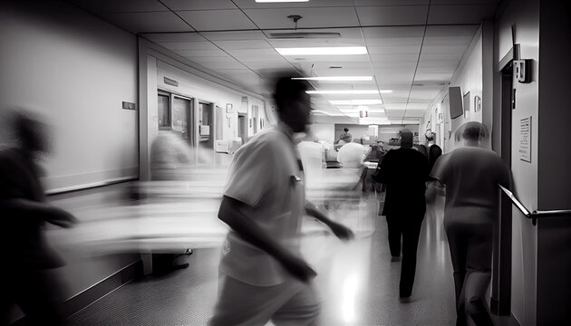Blured motion in ER of hospital, doctors and nurce in hallway, ai generated