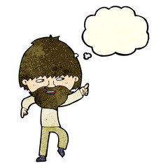 cartoon bearded man pointing and laughing with thought bubble