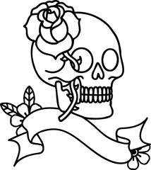 black linework tattoo with banner of a skull and rose