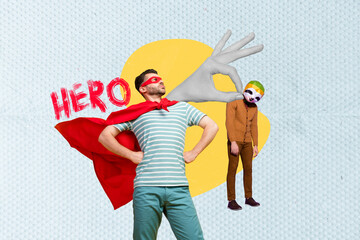Exclusive magazine sketch collage image of strong funny guy superman catching robber wear sloth...