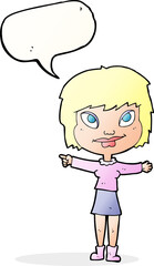 cartoon woman pointing with speech bubble