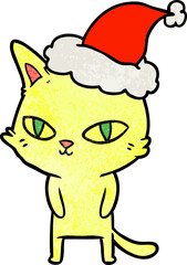 textured cartoon of a cat with bright eyes wearing santa hat