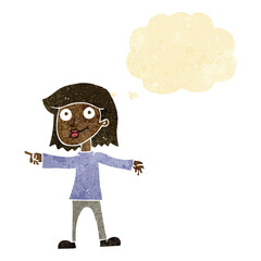 cartoon happy woman pointing with thought bubble