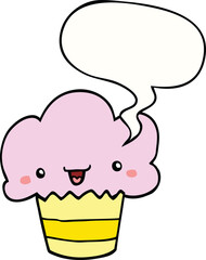 cartoon cupcake and face and speech bubble