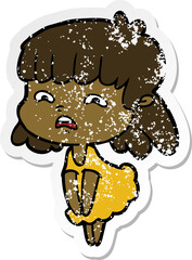 distressed sticker of a cartoon worried woman