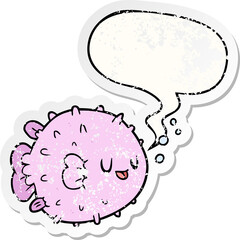 cartoon blowfish and speech bubble distressed sticker