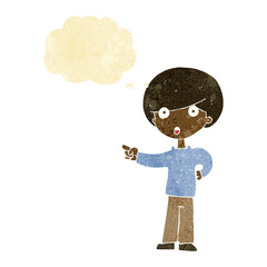 cartoon pointing boy with thought bubble