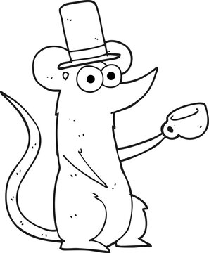 black and white cartoon mouse with cup and top hat