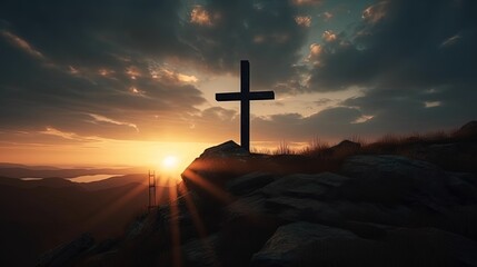 Fototapeta na wymiar Mountain Majesty: Artistic Silhouette of Crucifix Cross Against Sunset Sky.Generative Ai