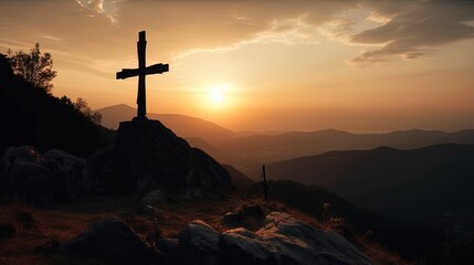 Mountain Majesty: Artistic Silhouette of Crucifix Cross Against Sunset Sky.Generative Ai