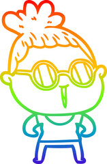 rainbow gradient line drawing cartoon tough woman wearing spectacles