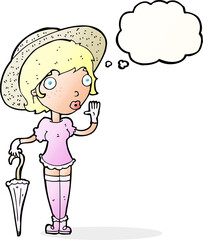 cartoon woman in summer hat waving with thought bubble