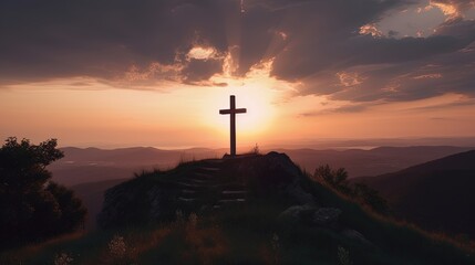 Mountain Majesty: Artistic Silhouette of Crucifix Cross Against Sunset Sky.Generative Ai