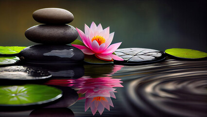 Fototapeta na wymiar Natural Alternative Therapy With Massage Stones And Waterlily In Water with Generative AI Technology