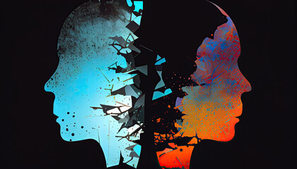 Metaphor bipolar disorder mind mental. Double face. Split personality. Dual personality concept.  silhouette with Generative AI Technology - obrazy, fototapety, plakaty