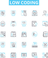 Low coding vector line icons set. No-code, Visual, Declarative, Automation, Platform, Application, Mobile illustration outline concept symbols and signs
