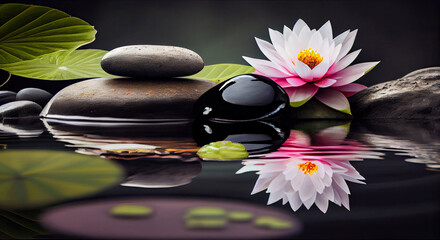 Obraz na płótnie Canvas Natural Alternative Therapy With Massage Stones And Waterlily In Water with Generative AI Technology