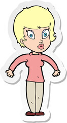 sticker of a cartoon woman shrugging shoulders