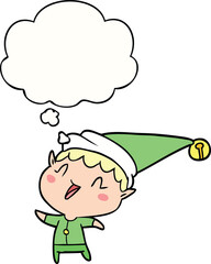 cartoon happy christmas elf and thought bubble