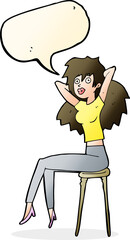 cartoon woman posing on stool with speech bubble