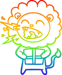 rainbow gradient line drawing cartoon roaring lion with gift