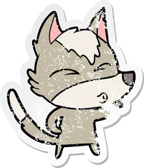 distressed sticker of a cartoon wolf pouting