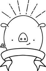 banner with black line work tattoo style pig character