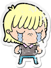 distressed sticker of a cartoon woman crying