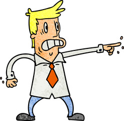 textured cartoon doodle man pointing looking worried