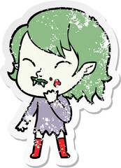 distressed sticker of a cartoon vampire girl with blood on cheek