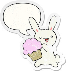cute cartoon rabbit and muffin and speech bubble distressed sticker