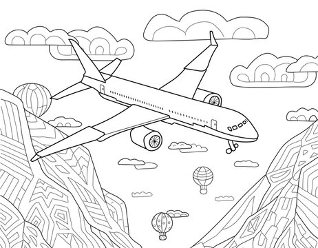 Hand drawing coloring for kids and adults. Beautiful drawings. Coloring book pictures with plane, aircraft, clouds. Wild nature, sea, mountains, air balloons. Romantic beautiful view. Coloring book