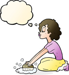 cartoon woman scrubbing floor with thought bubble