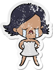 distressed sticker of a cartoon girl crying
