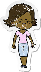 distressed sticker of a cartoon angry woman