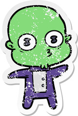 distressed sticker of a cartoon weird bald spaceman