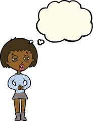 cartoon suspicious girl with thought bubble