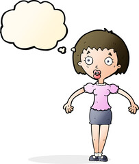 cartoon confused woman shrugging shoulders with thought bubble