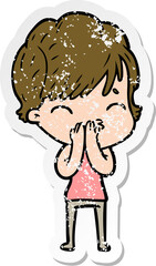 distressed sticker of a cartoon woman thinking