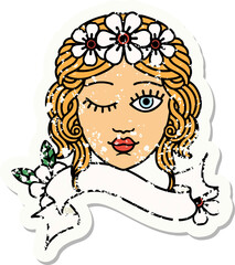 grunge sticker with banner of a maidens face winking