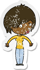 retro distressed sticker of a cartoon woman shrugging