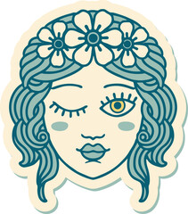 tattoo style sticker of a maidens face winking