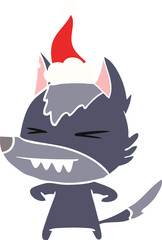 angry wolf flat color illustration of a wearing santa hat